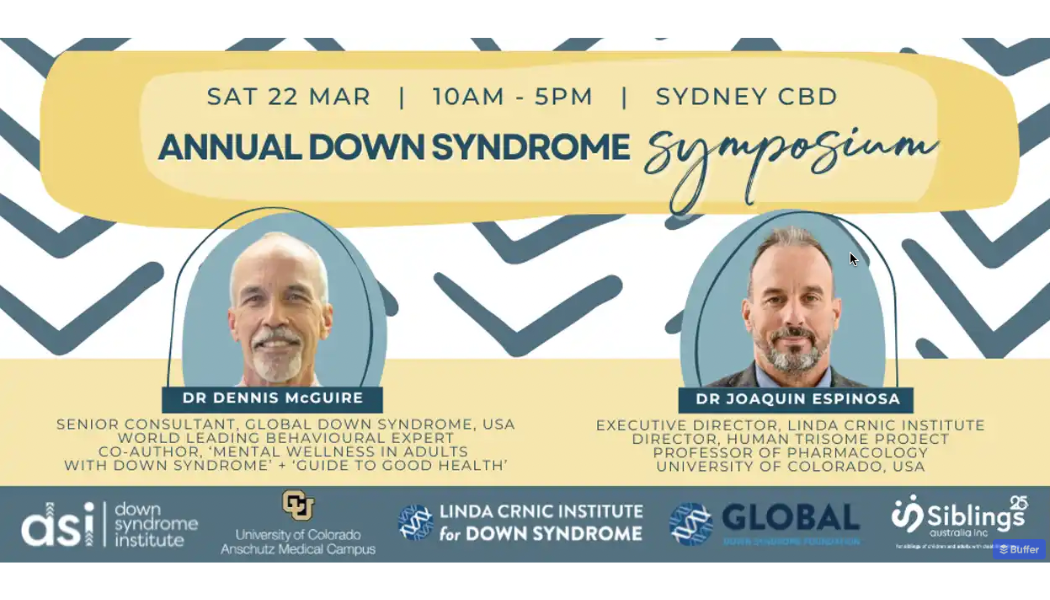 Annual Down Syndrome Symposium banner with headshots of Dr. Espinosa and Dr. McGuire and sponsor logos