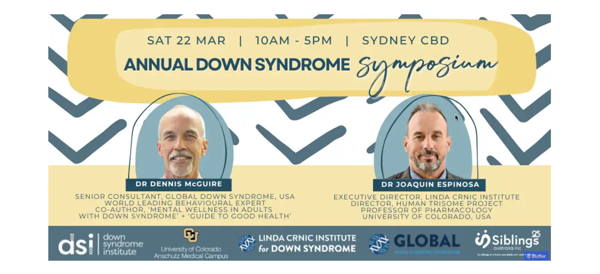 Banner del Simposio Anual sobre el Síndrome de Down con fotos de Dr. Espinosa y Dr. McGuire, junto con los logotipos de los patrocinadores.