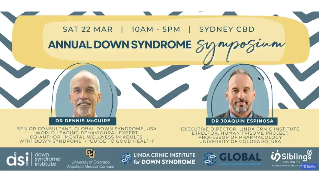 Annual Down Syndrome Symposium banner with headshots of Dr. Espinosa and Dr. McGuire and sponsor logos